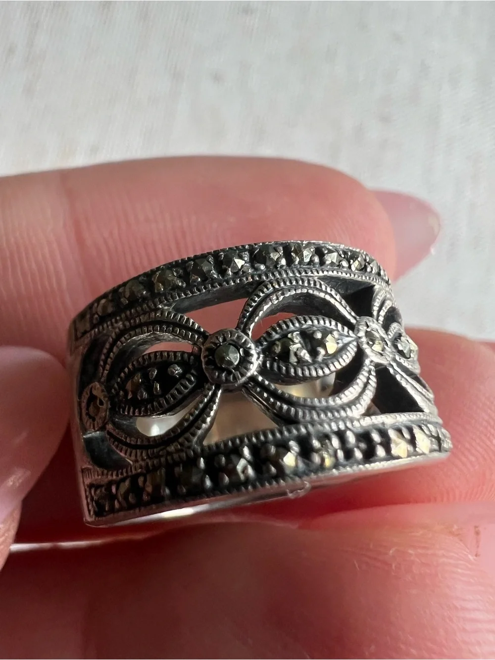 Sterling Silver Marcasite Openwork Filigree Band Ring